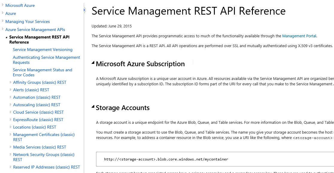 Azure Service Management API Documentation (2015)